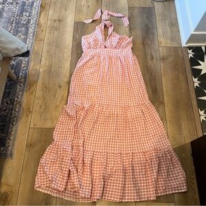 New! Pink Gingham Cross Halter Tiered Maxi Beautiful Dress